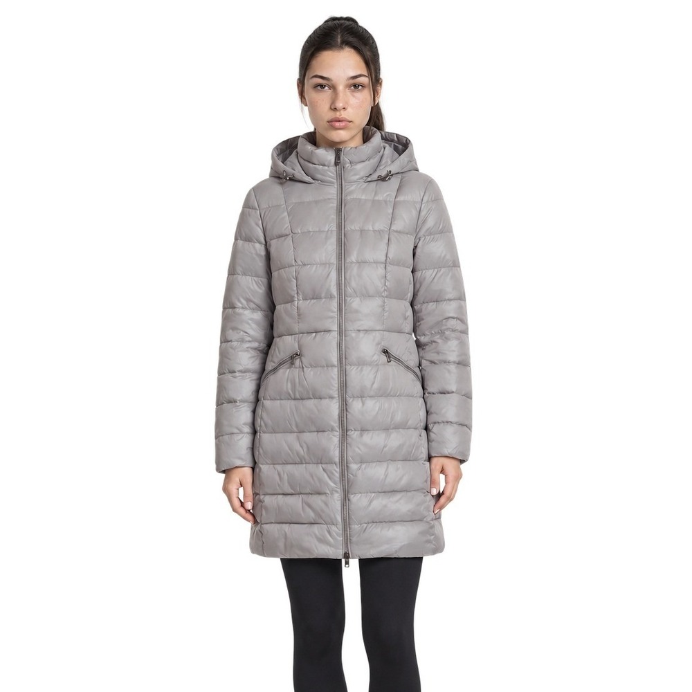 Lands End Down Puffer Coat Women's Size Medium Silver Gray Hooded Parka Mid Lnth